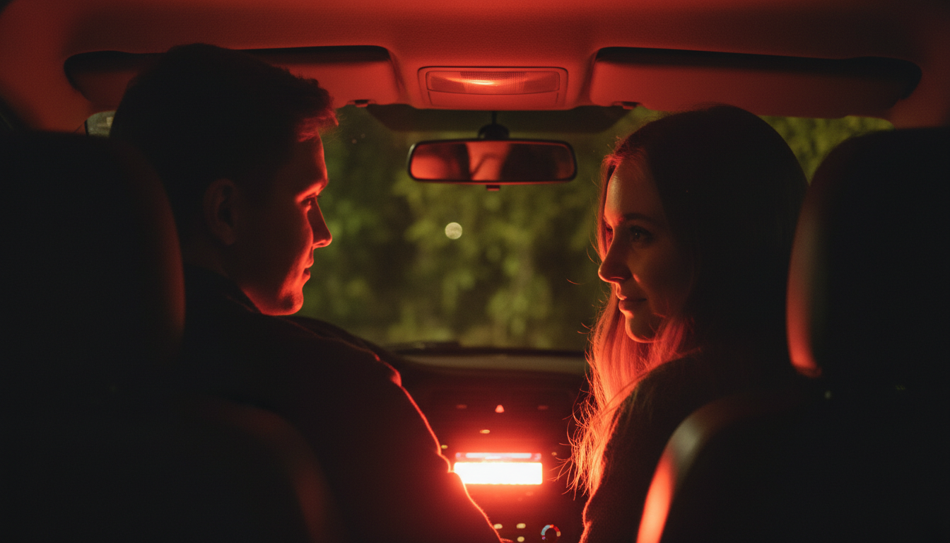 Промпт для фото в стиле 🌙 Ночная романтика в салоне автомобиля