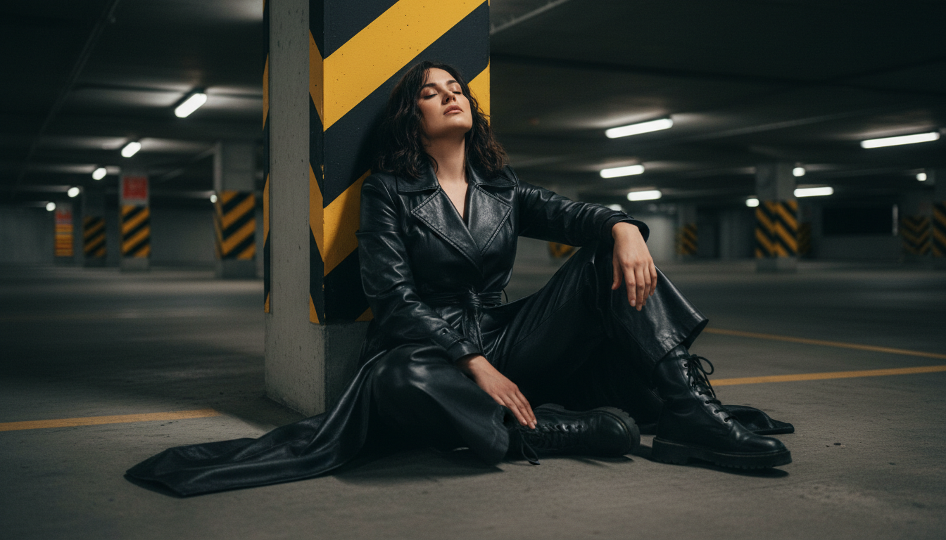 Промпт для фото в стиле 🌃 В тени парковки: нуарная женская фотосессия
