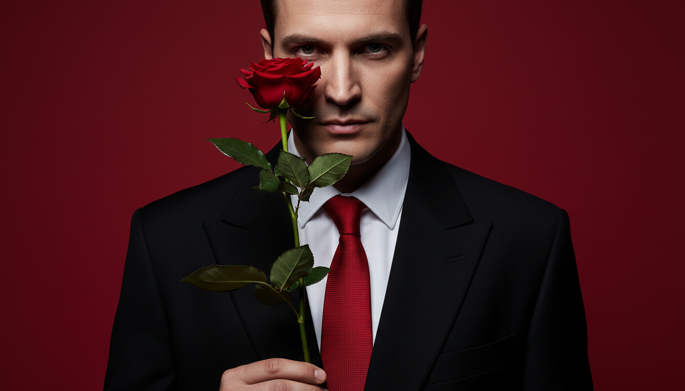 Промпт для фото в стиле 🌹 Страстный портрет с алой розой в высоком стиле