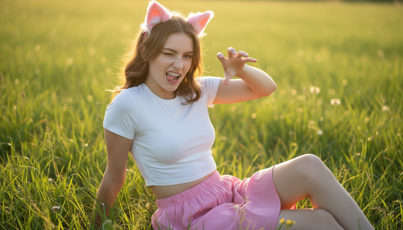 Промпт для фото в стиле 🦊 Игривая фотосессия лисички-геймерши на летней полянке