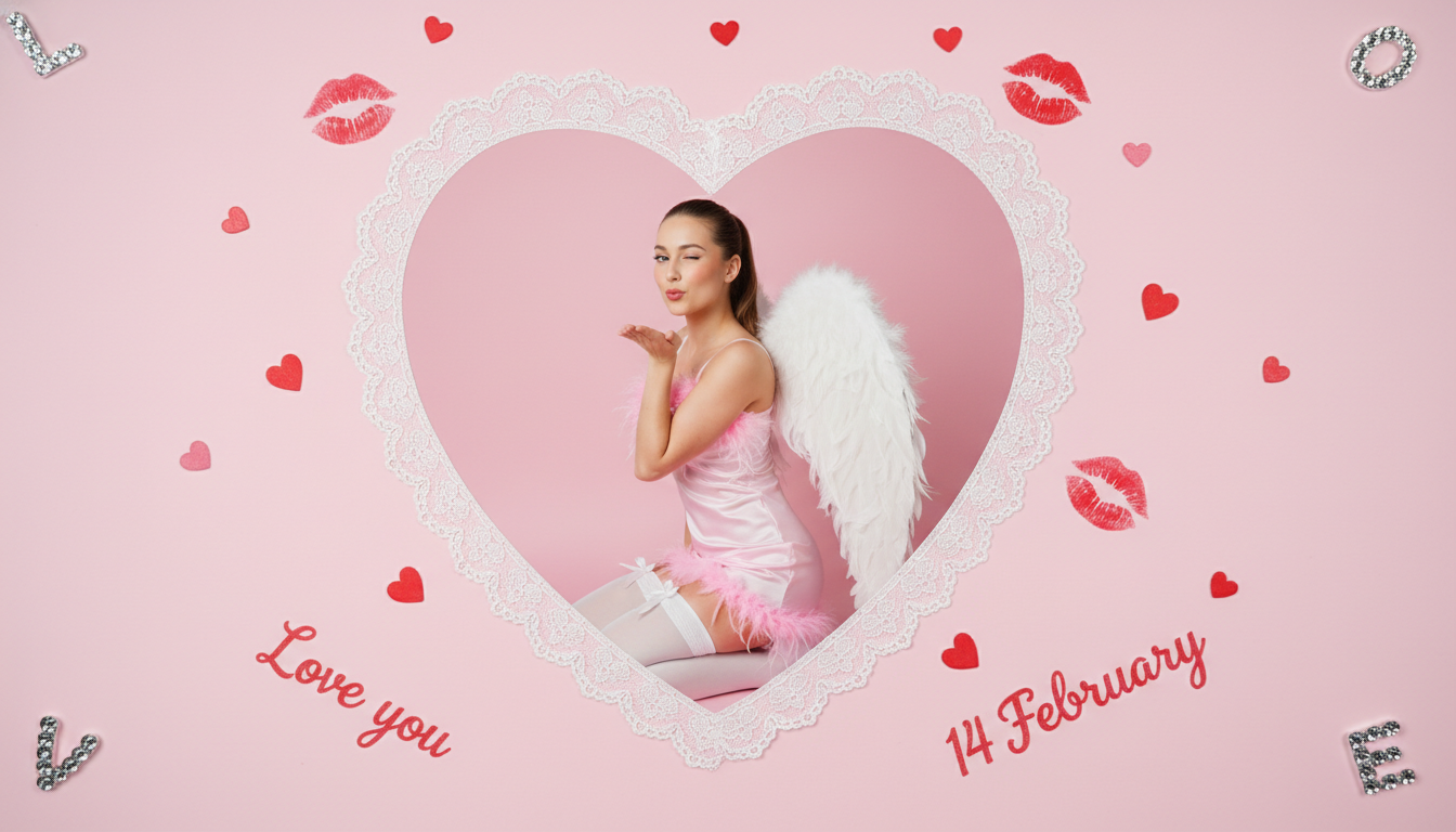Промпт для фото в стиле 💝 Игривый ангел любви в кружевной открытке
