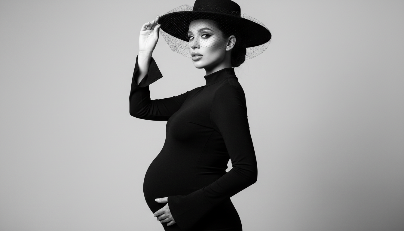 Промпт для фото в стиле 📸 Беременность в стиле высокой моды: элегантный силуэт в черном