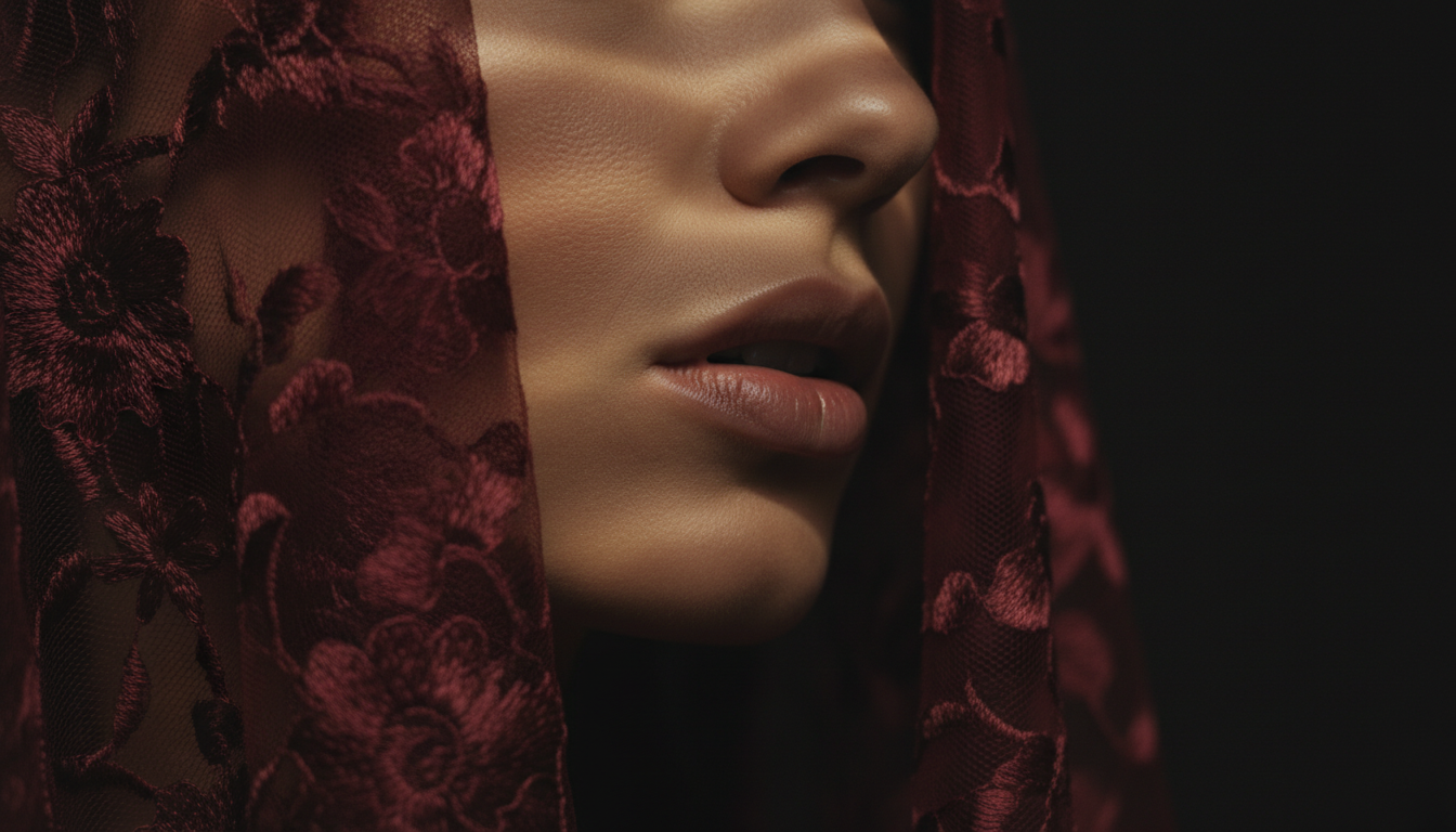 Промпт для фото в стиле 🎭 Тайна за бордовым кружевом