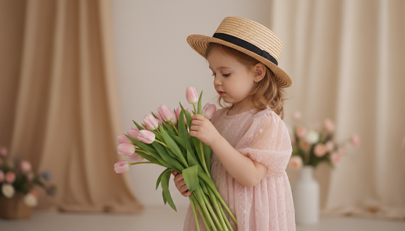 Промпт для фото в стиле 🌷 Нежный портрет маленькой леди с тюльпанами