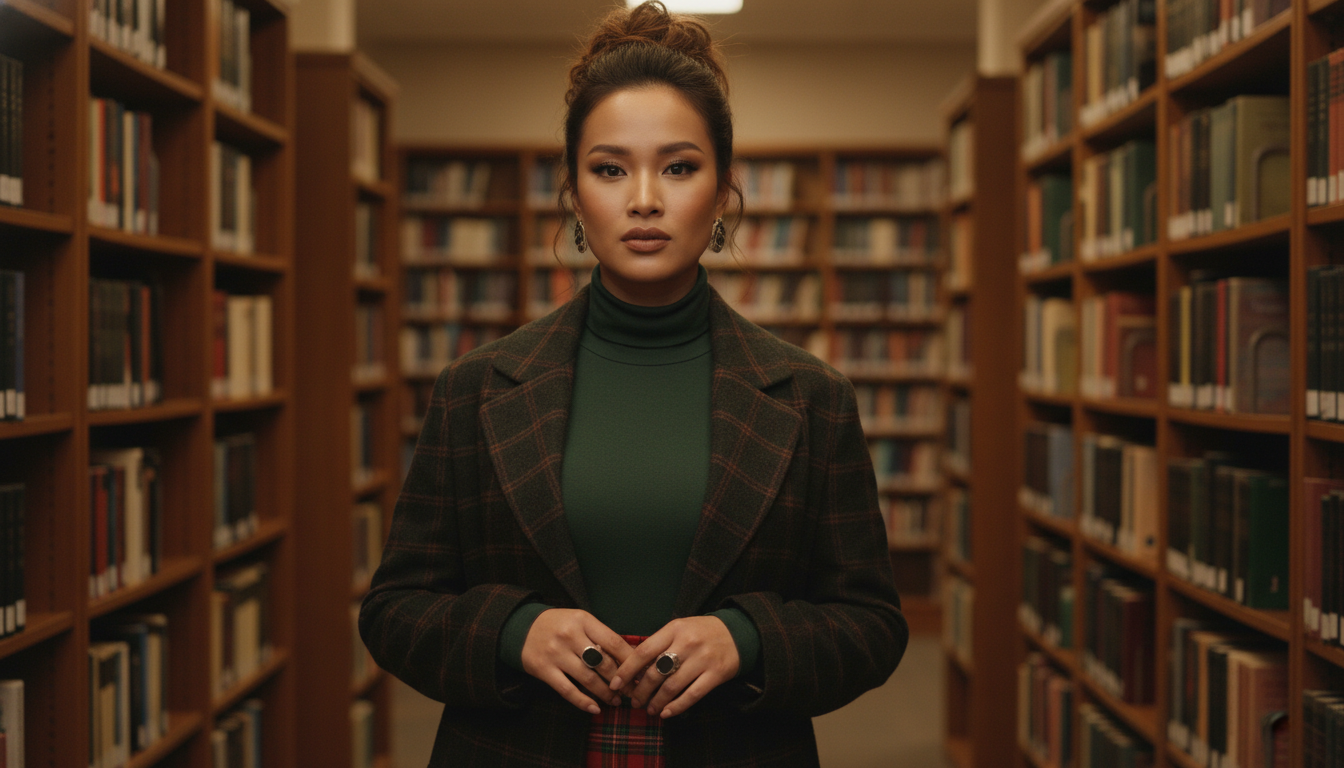 Промпт для фото в стиле 📚 Хранительница книжных тайн в винтажном свете