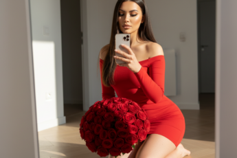 Промпт для фото в стиле 📸 Селфи в зеркале: роскошь красного и солнечного света