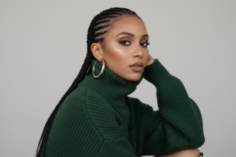 Промпт для фото в стиле 📸 Современный портрет девушки в зелёном: косички и минимализм