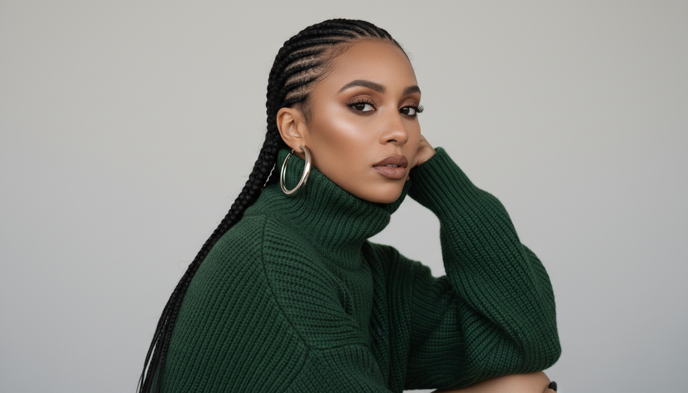 Промпт для фото в стиле 📸 Современный портрет девушки в зелёном: косички и минимализм