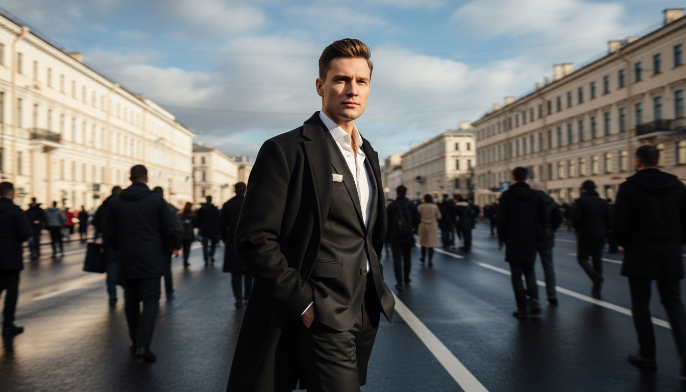 Промпт для фото в стиле 🎭 Один среди потока: стильный портрет в динамике города