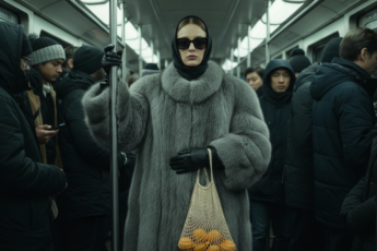 Промпт для фото в стиле 🚇 Богема в час пик: стильная незнакомка с мандаринами