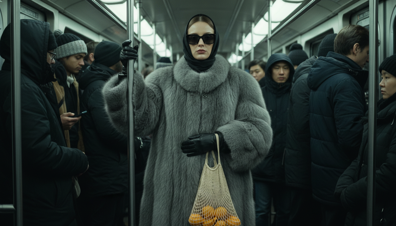 Промпт для фото в стиле 🚇 Богема в час пик: стильная незнакомка с мандаринами