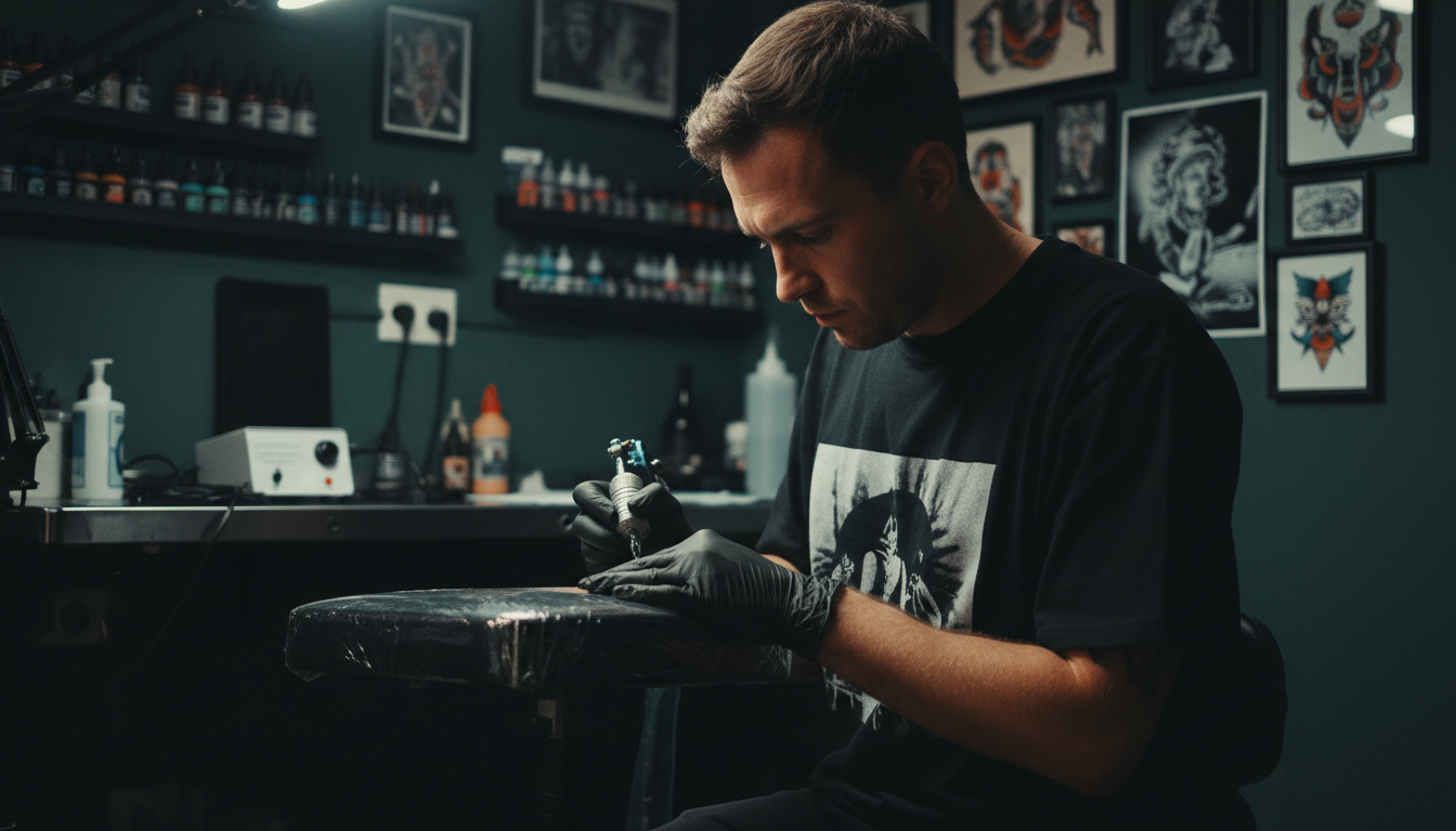 Промпт для фото в стиле 🎨 В тени тату-мастера: момент творчества