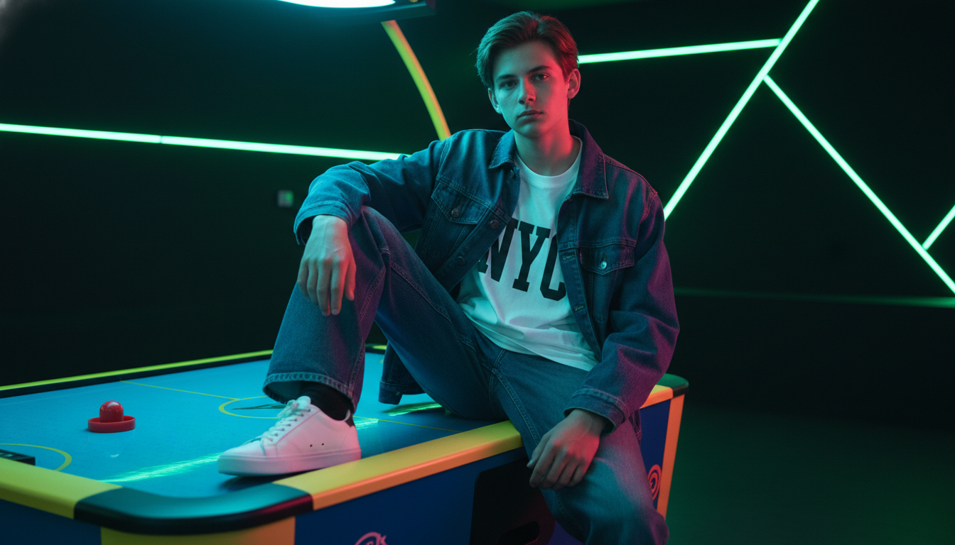 Промпт для фото в стиле 🎮 Подросток в неоновых огнях аркады