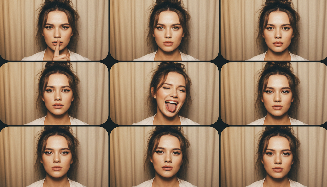 Промпт для фото в стиле 📸 Три настроения одной девушки: фотобудка рассказывает историю