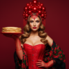 Промпт для фото в стиле 👑 Царица русской кухни: блины и кокошник в красном
