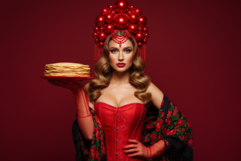 Промпт для фото в стиле 👑 Царица русской кухни: блины и кокошник в красном