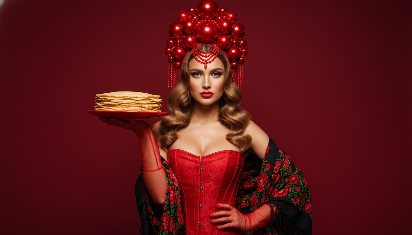 Промпт для фото в стиле 👑 Царица русской кухни: блины и кокошник в красном