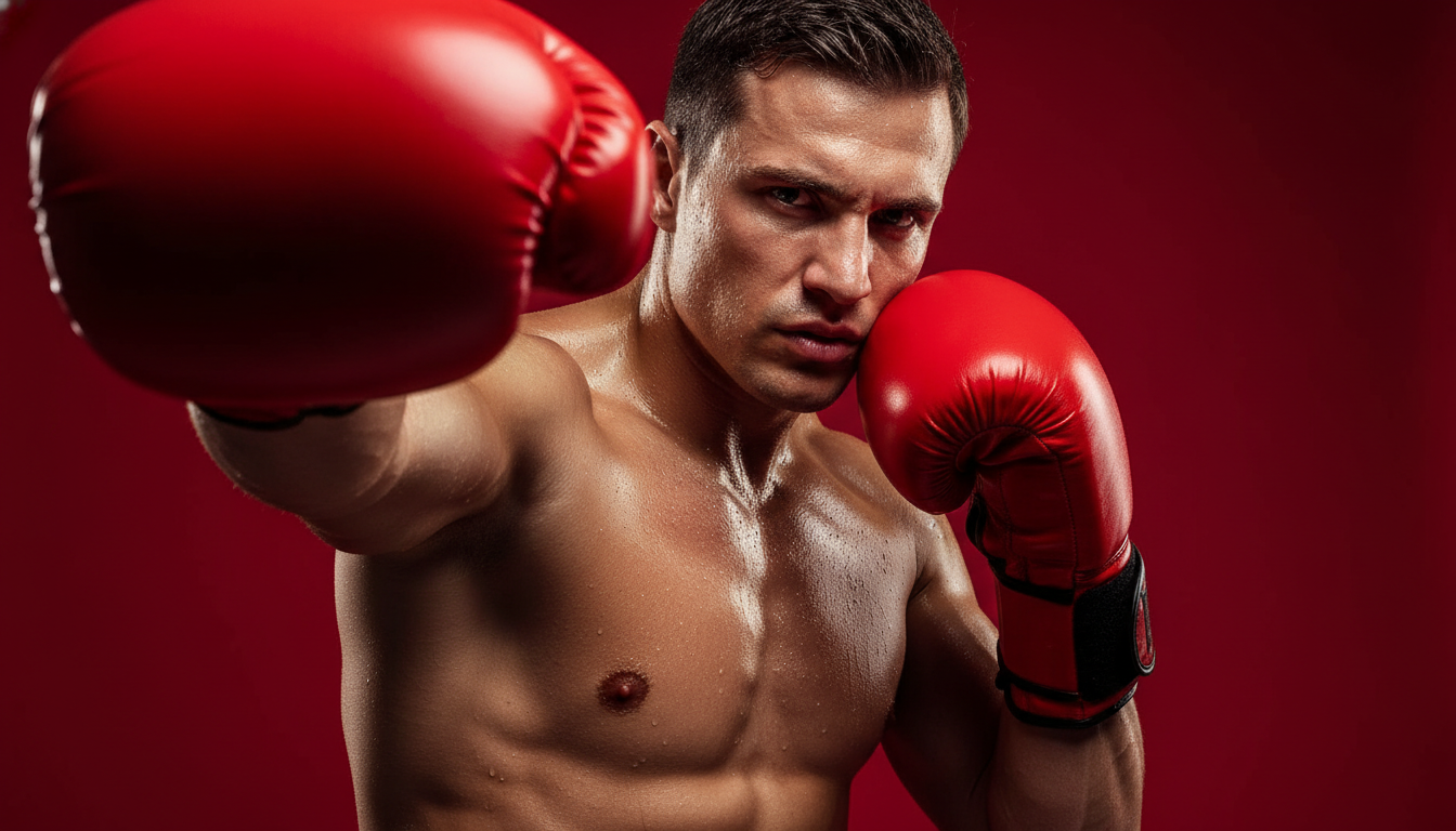 Промпт для фото в стиле 🥊 Боксёр в красном: драматичный студийный портрет