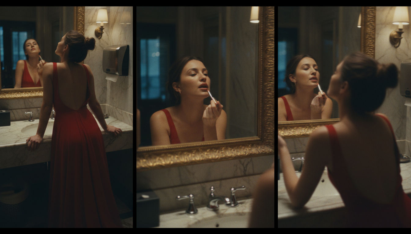 Промпт для фото в стиле 🎭 Красное платье: моменты интимности в зеркалах