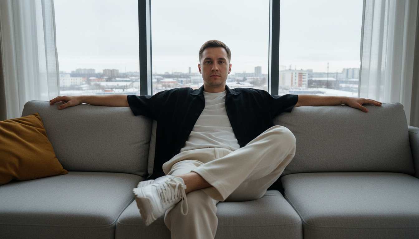 Промпт для фото в стиле 📸 Расслабленный портрет в городском лофте