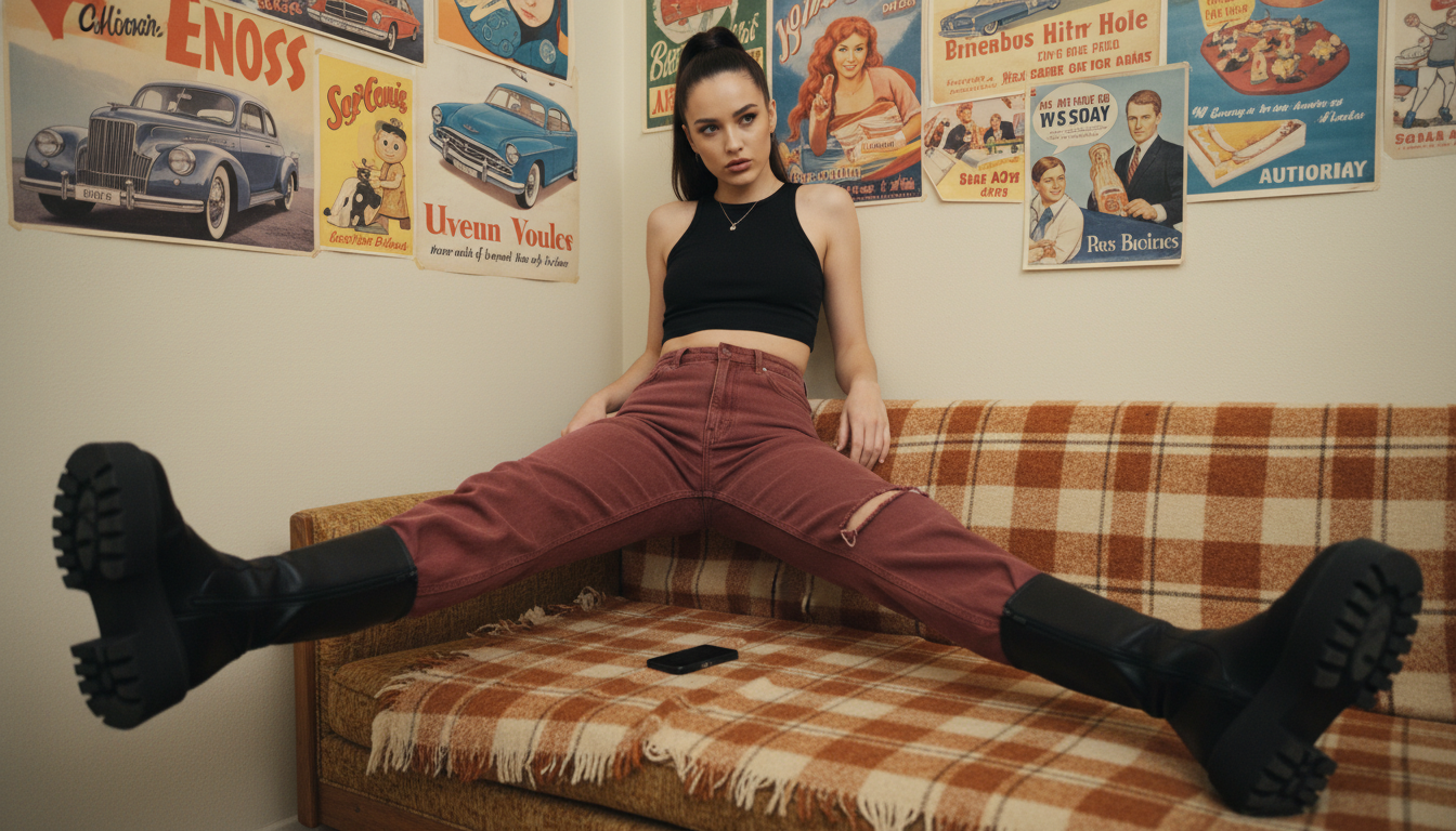 Промпт для фото в стиле 🎭 Ретро-интерьер и дерзкая незнакомка