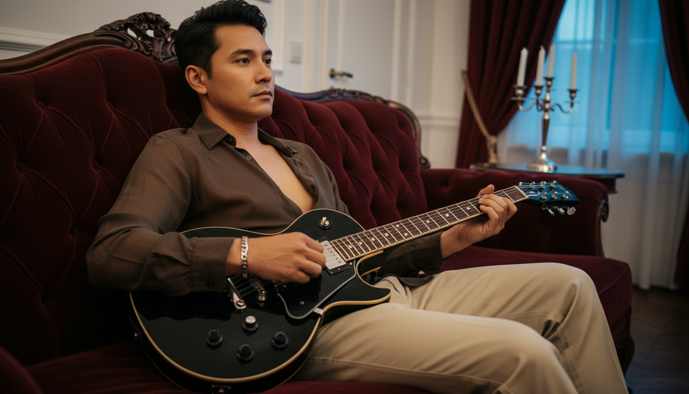 Промпт для фото в стиле 🎸 Романтический вечер гитариста в бархатных тонах