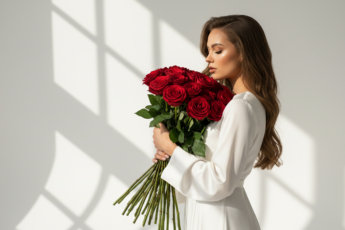 Промпт для фото в стиле 🌹 Романтичная минималистика: девушка с букетом алых роз