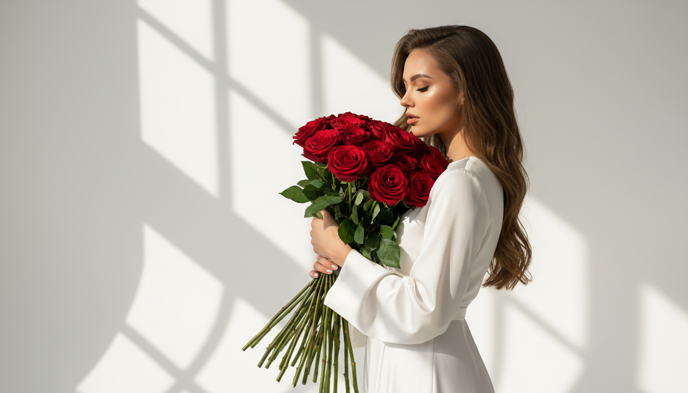 Промпт для фото в стиле 🌹 Романтичная минималистика: девушка с букетом алых роз