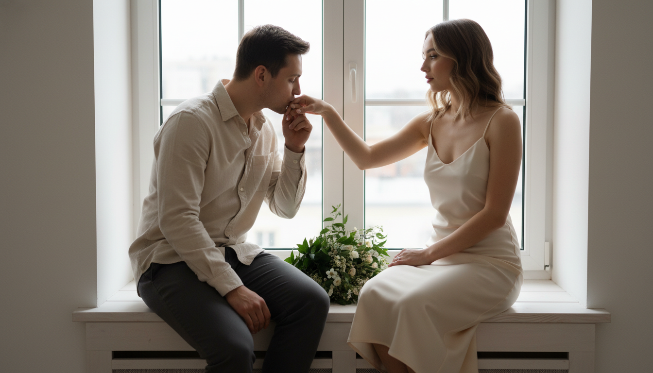 Промпт для фото в стиле 🤍 Романтичный момент у городского окна