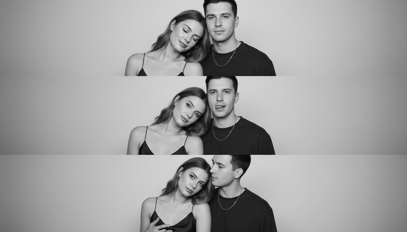 Промпт для фото в стиле 📸 Романтичная история в фотобудке: три кадра нежности