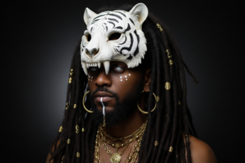 Промпт для фото в стиле 🐯 Шаман в маске белого тигра: мистический портрет
