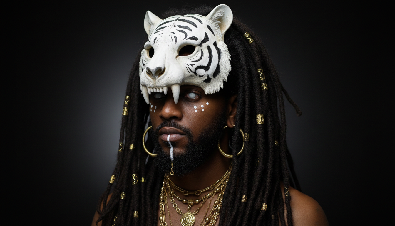 Промпт для фото в стиле 🐯 Шаман в маске белого тигра: мистический портрет
