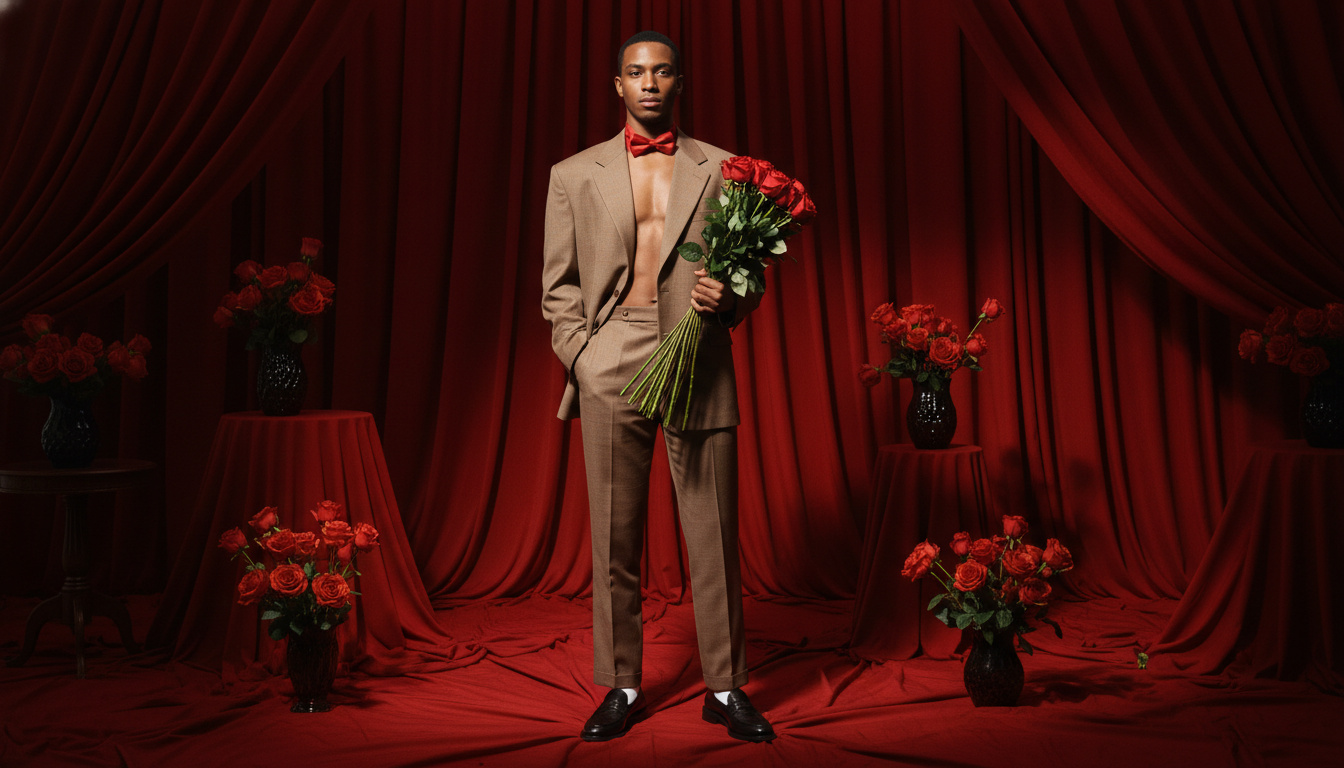 Промпт для фото в стиле 📸 Джентльмен без рубашки: студийный портрет в красных тонах