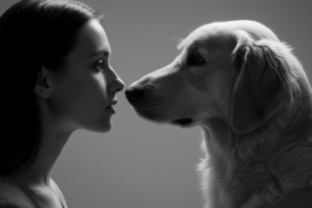 Промпт для фото в стиле 📸 Немой диалог: человек и питомец в профиль