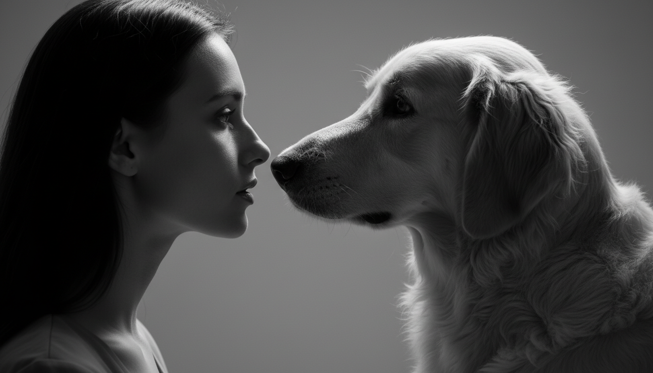 Промпт для фото в стиле 📸 Немой диалог: человек и питомец в профиль