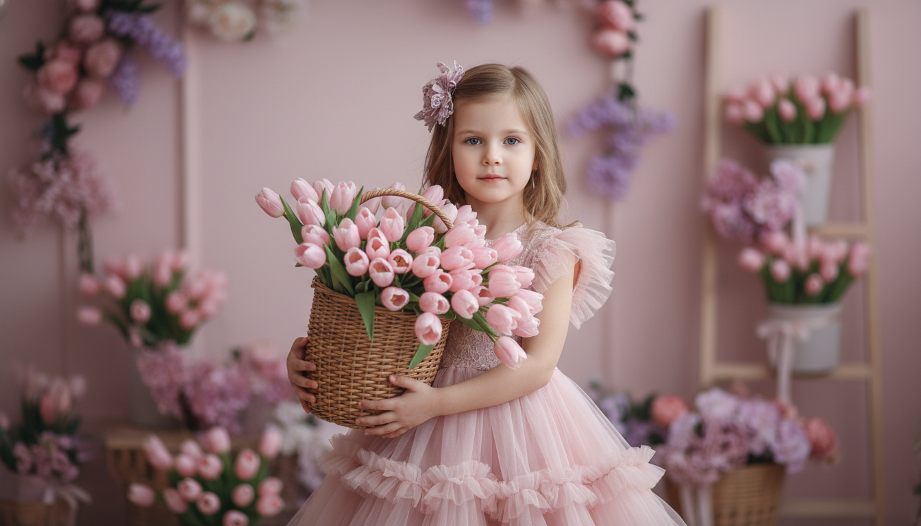 Промпт для фото в стиле 🌸 Маленькая фея с корзиной весенних тюльпанов