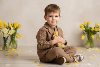 Промпт для фото в стиле 🐥 Нежная весенняя фотосессия мальчика с утёнком