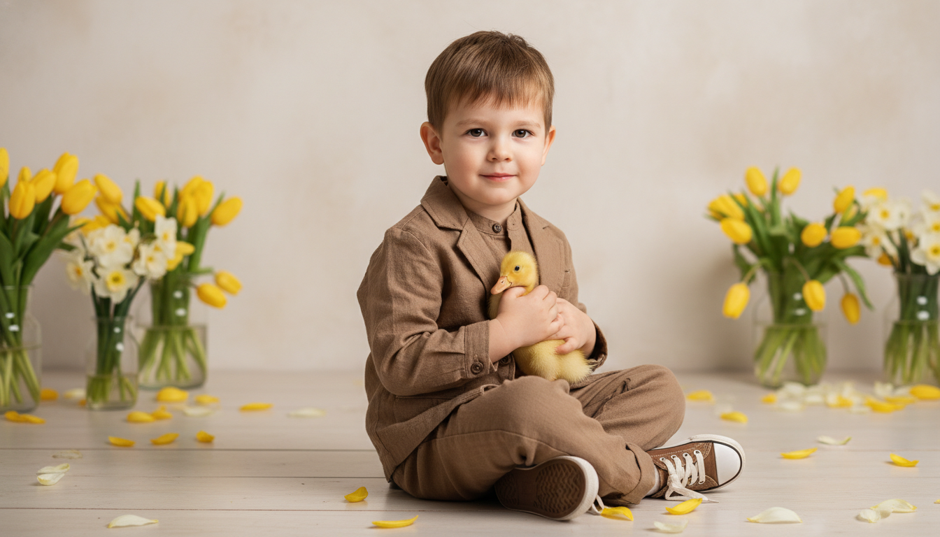 Промпт для фото в стиле 🐥 Нежная весенняя фотосессия мальчика с утёнком