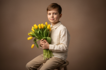 Промпт для фото в стиле 📸 Весенний портрет мальчика с желтыми тюльпанами