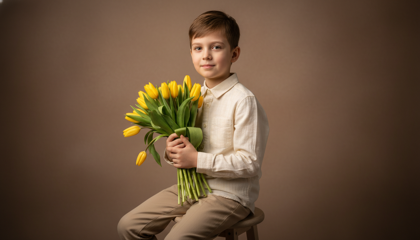 Промпт для фото в стиле 📸 Весенний портрет мальчика с желтыми тюльпанами