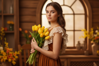 Промпт для фото в стиле 🌷 Весенний портрет: девушка с букетом солнечных тюльпанов