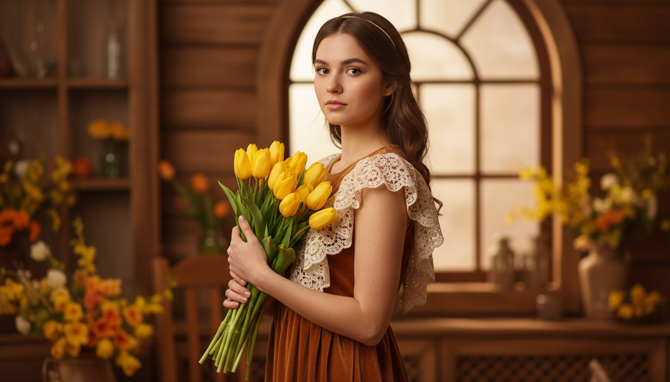 Промпт для фото в стиле 🌷 Весенний портрет: девушка с букетом солнечных тюльпанов