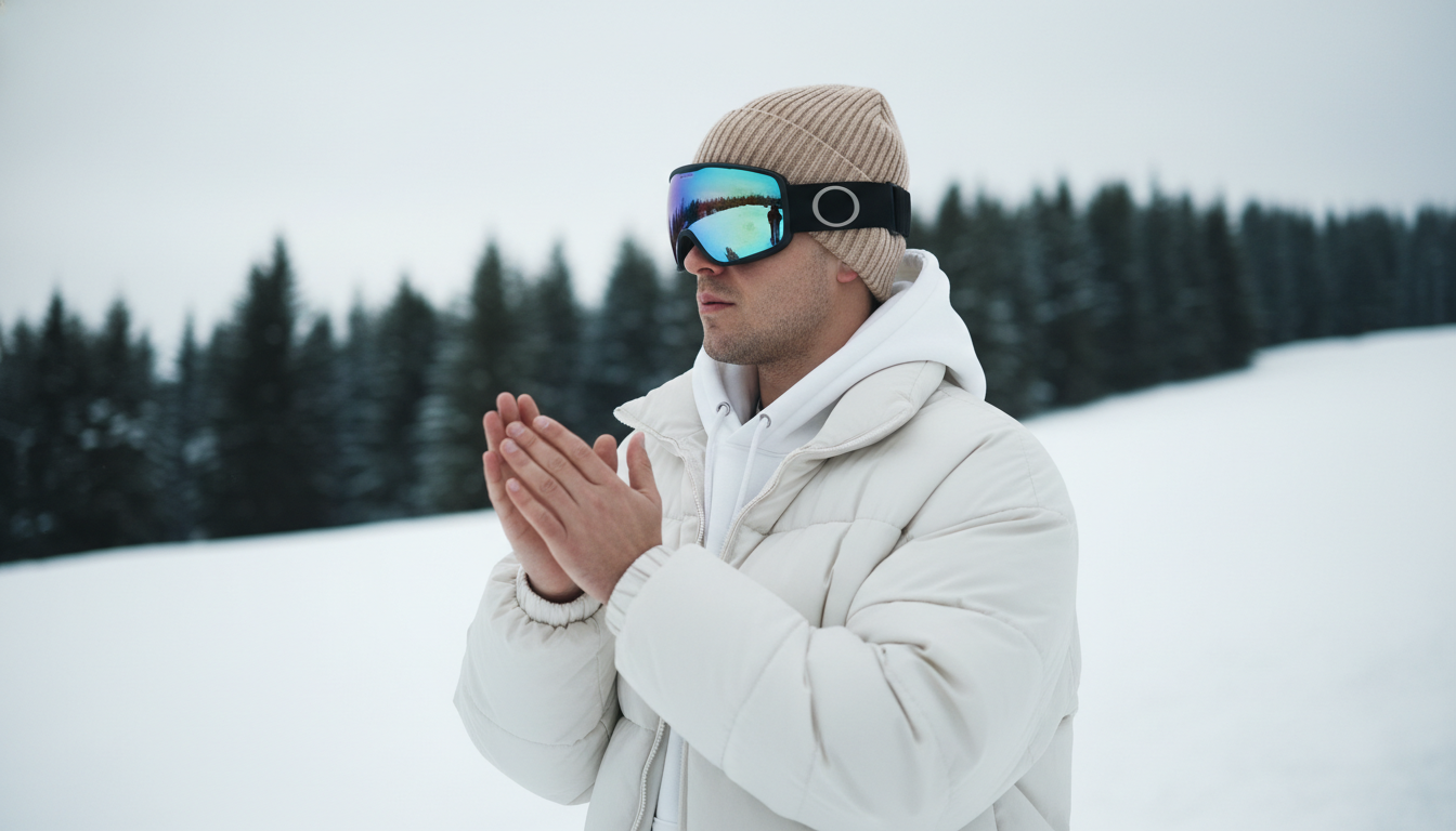 Промпт для фото в стиле 🏂 Стильный сноубордист на заснеженном склоне