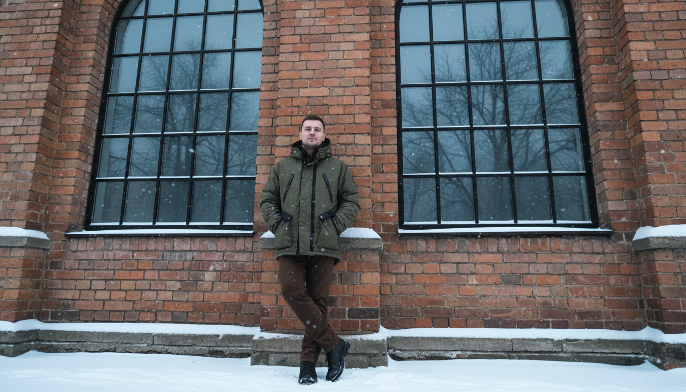 Промпт для фото в стиле 🌨️ Стильный зимний портрет у кирпичной стены