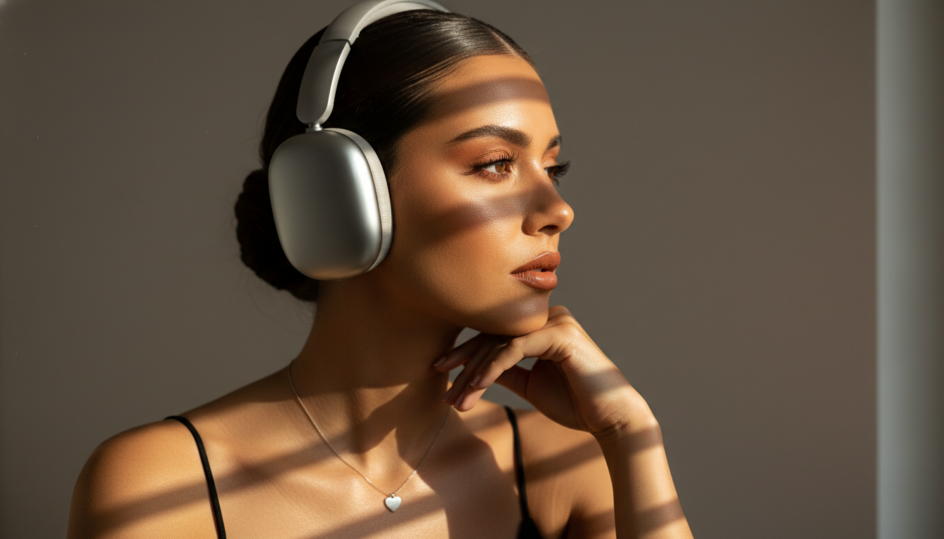 Промпт для фото в стиле 🌞 Солнечный портрет в наушниках: игра света и тени