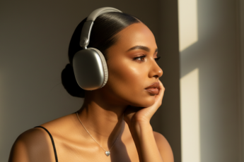 Промпт для фото в стиле 🌞 Солнечный портрет в наушниках: игра света и тени