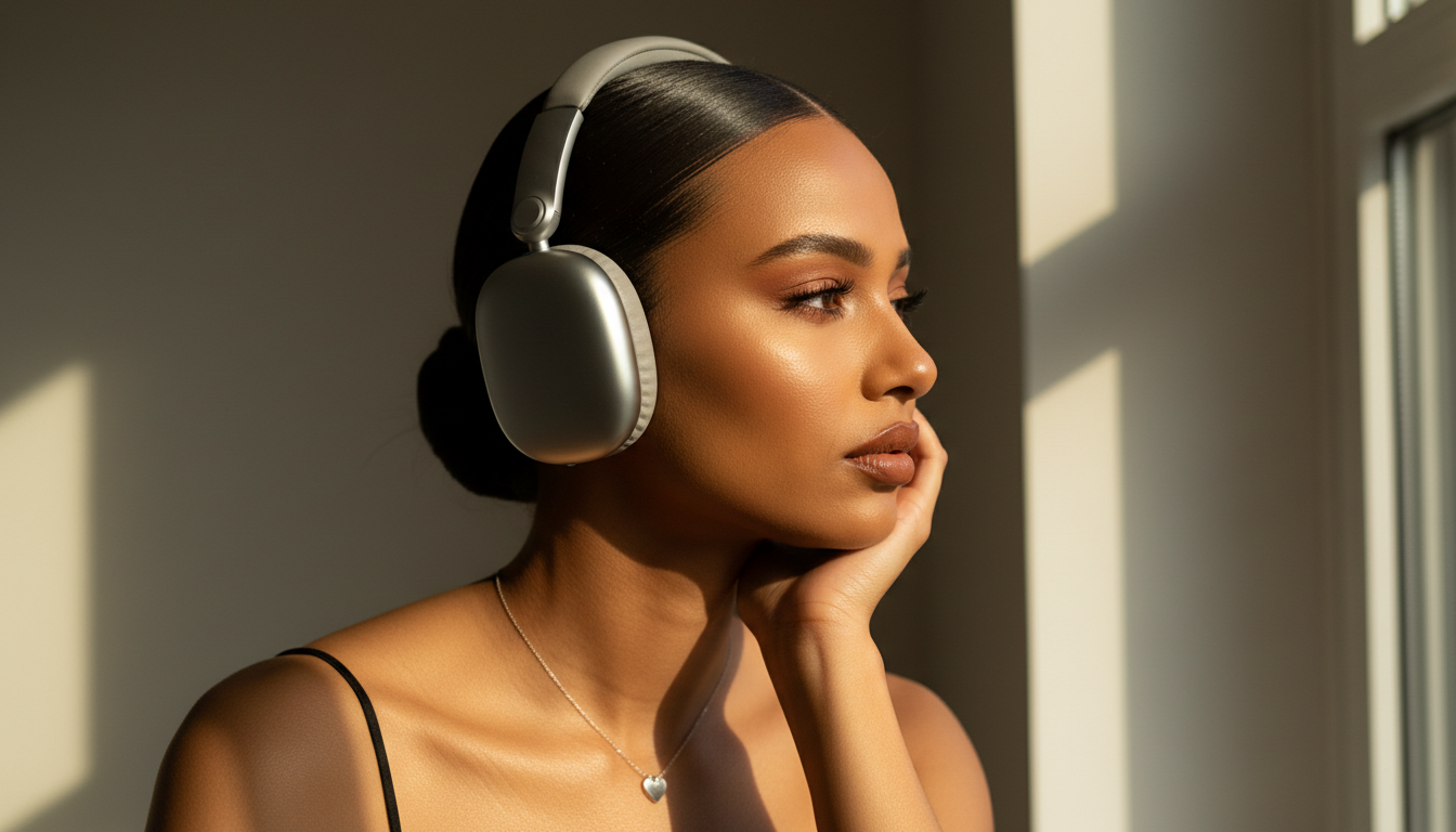 Промпт для фото в стиле 🌞 Солнечный портрет в наушниках: игра света и тени