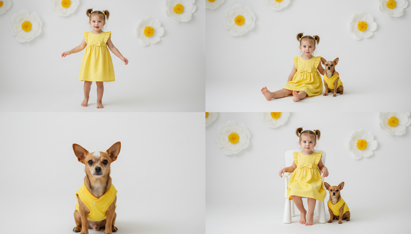 Промпт для фото в стиле 🌼 Солнечная фотосессия маленькой принцессы с четвероногим другом