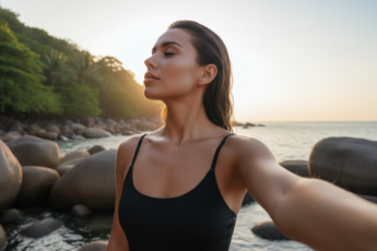 Промпт для фото в стиле 🌅 Закатная безмятежность на диком пляже