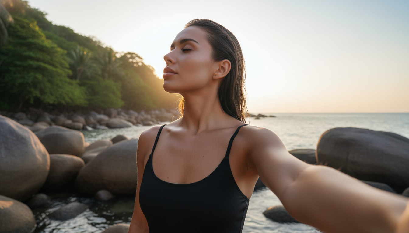 Промпт для фото в стиле 🌅 Закатная безмятежность на диком пляже